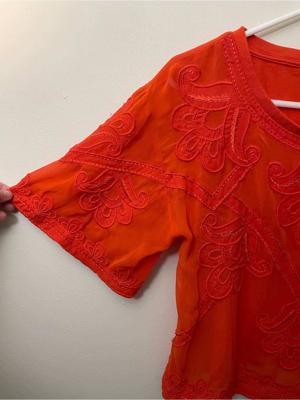Anthropologie Women’s Rust Orange Sheer Embroidered Boxy Top - Picture 10 of 13